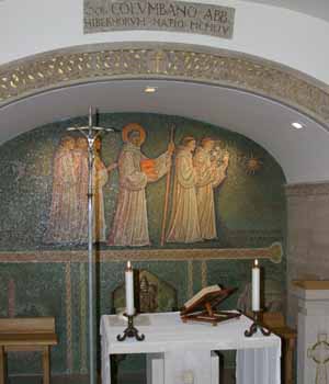 Detail of the St Columbanus mosaic and altar in the Irish Chapel