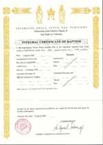 Official Baptismal Certificate issued from the Parish of St Peter's Basilica